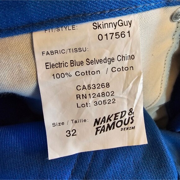 Naked & Famous Jeans Mens Size 32x32 Skinny Guy Electric Blue Selvedge Chino - Picture 4 of 7